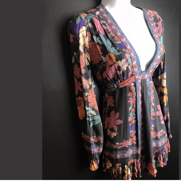 FREE PEOPLE Violet Hill Floral Printed Tunic Top Shirt VNeck pink purple Anthro - Picture 4 of 15